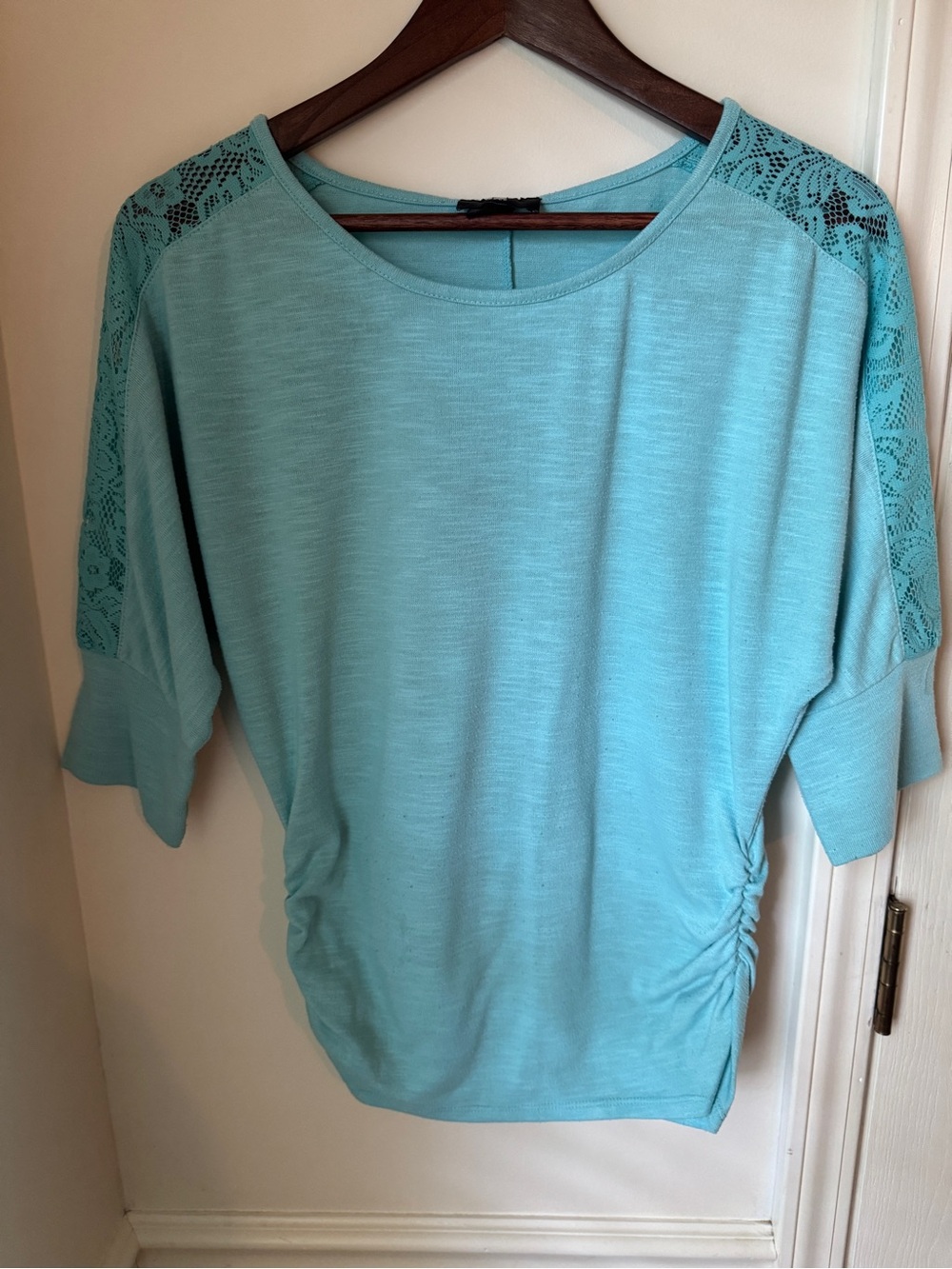 Iz Byer Light Aqua Lace-Shoulder Tunic Top Size Large